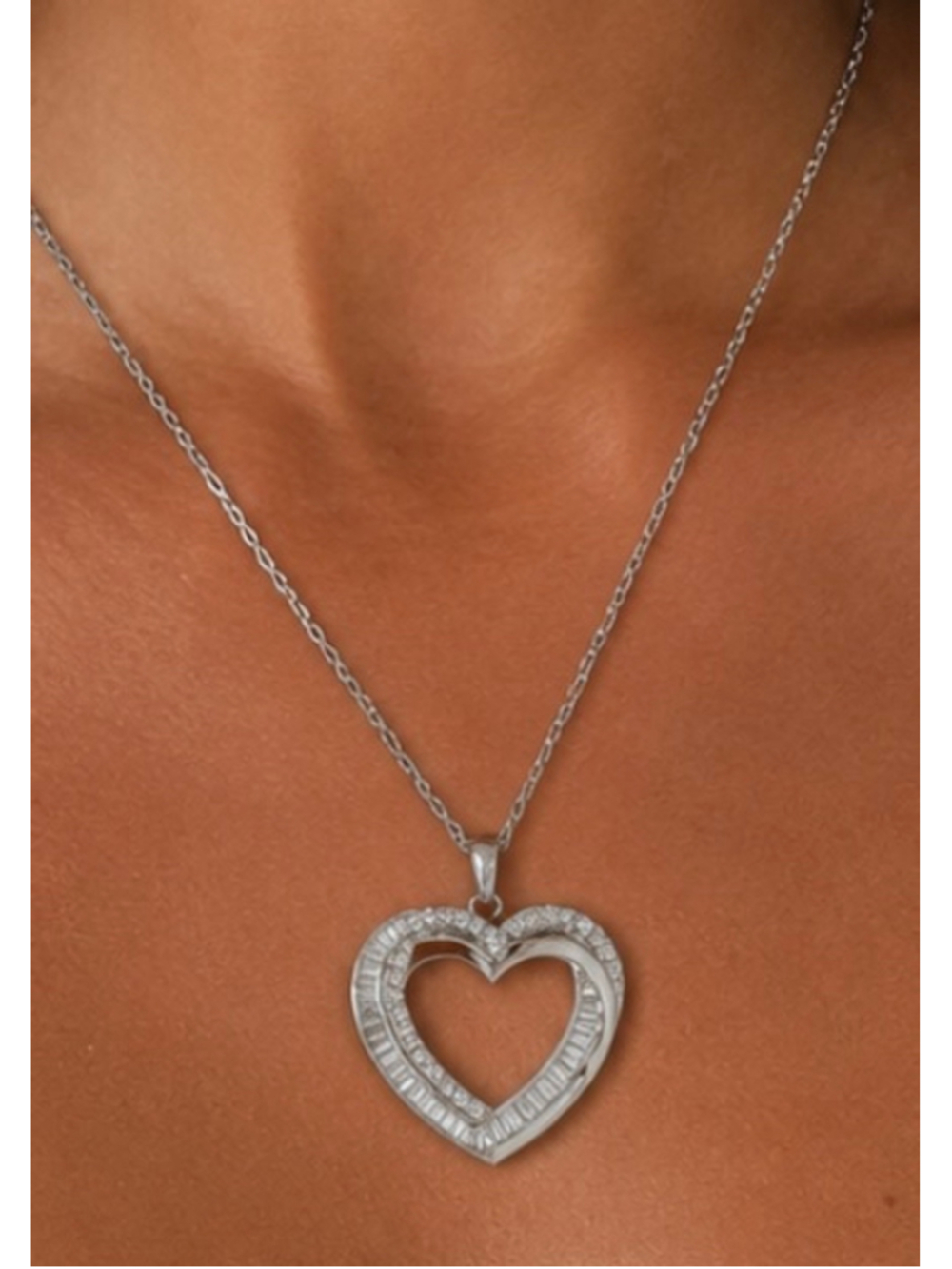JTV Sterling Silver Platinum Plated Heart Necklace 20in Chain 1in by 1in Heart